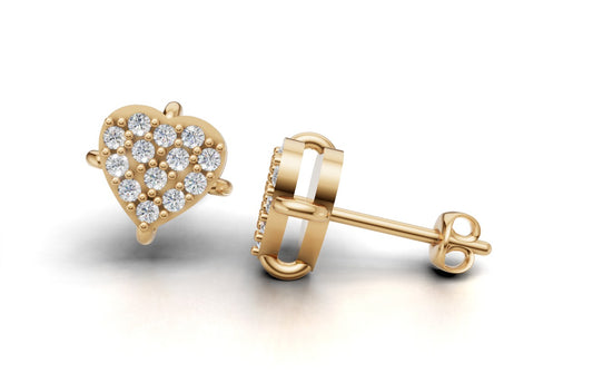 14k Gold Earrings Heart with 26 Diamonds, "STT: Prong", Push Back