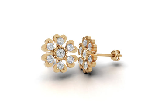14K Gold Earrings with 14 Diamonds, "STT: 3-Prong and Bezel", Push Back, Filigree