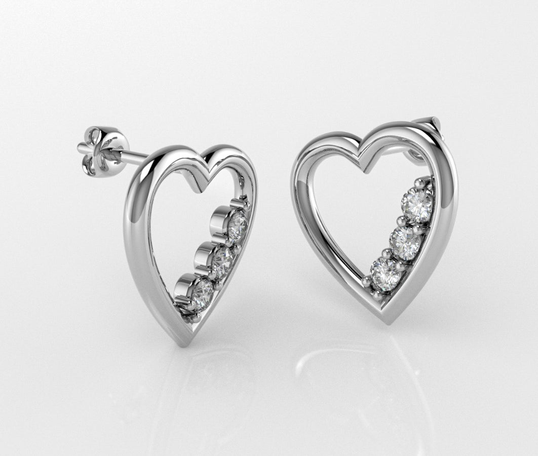 14K Gold Heart Earrings with 6 Diamonds, "STT: Prong", Push Back