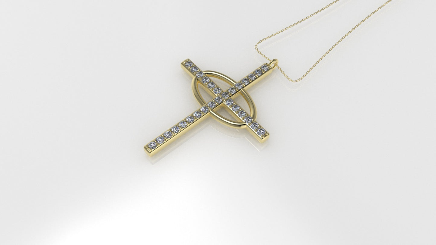 14K Pendant with 29 Diamond 1.2mm VS1 each, Only Pendant, "Cross and oval with Prongs"