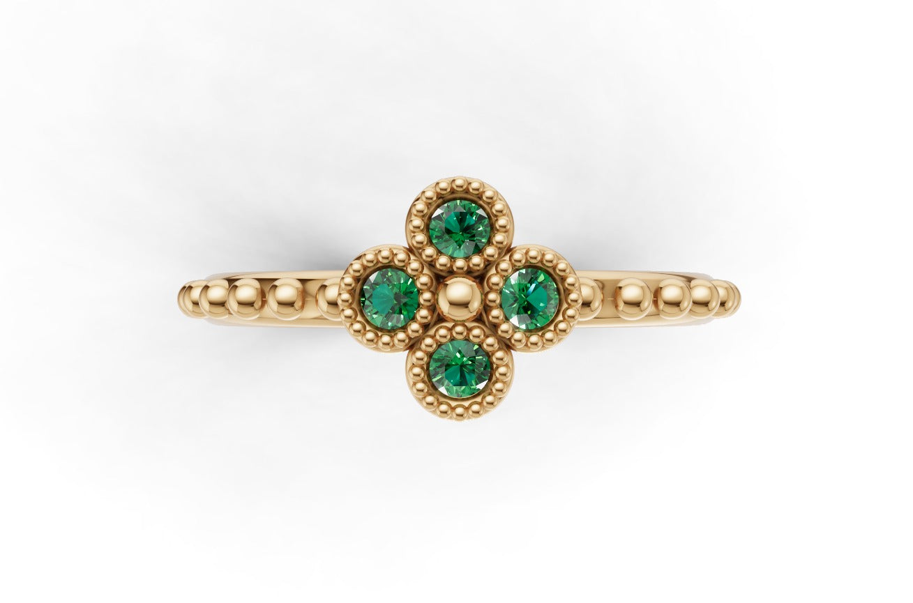14K Gold Ring with 4 Emeralds, STT: Bezel, Filigree