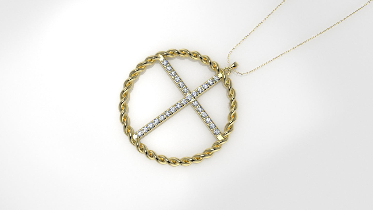 14K Pendant with 27 Diamond VS1, "Cross with twisted circle", Only Pendant