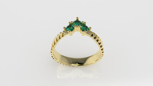 14K Wedding band Ring with 3 EMERALDS 3mm each, "rim shape with stt prong"
