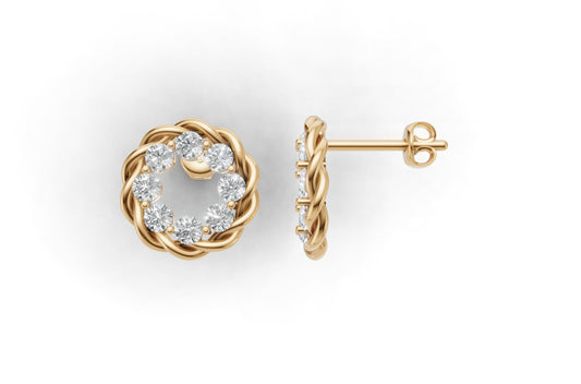14k Gold Earrings Rope with 16 Diamonds, "STT: Prong", Push Back