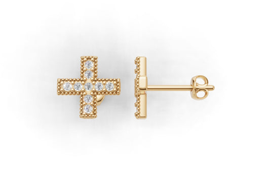 14k Gold Earrings Cross with 18 Diamonds, "STT: Prong", Push Back, Filigree