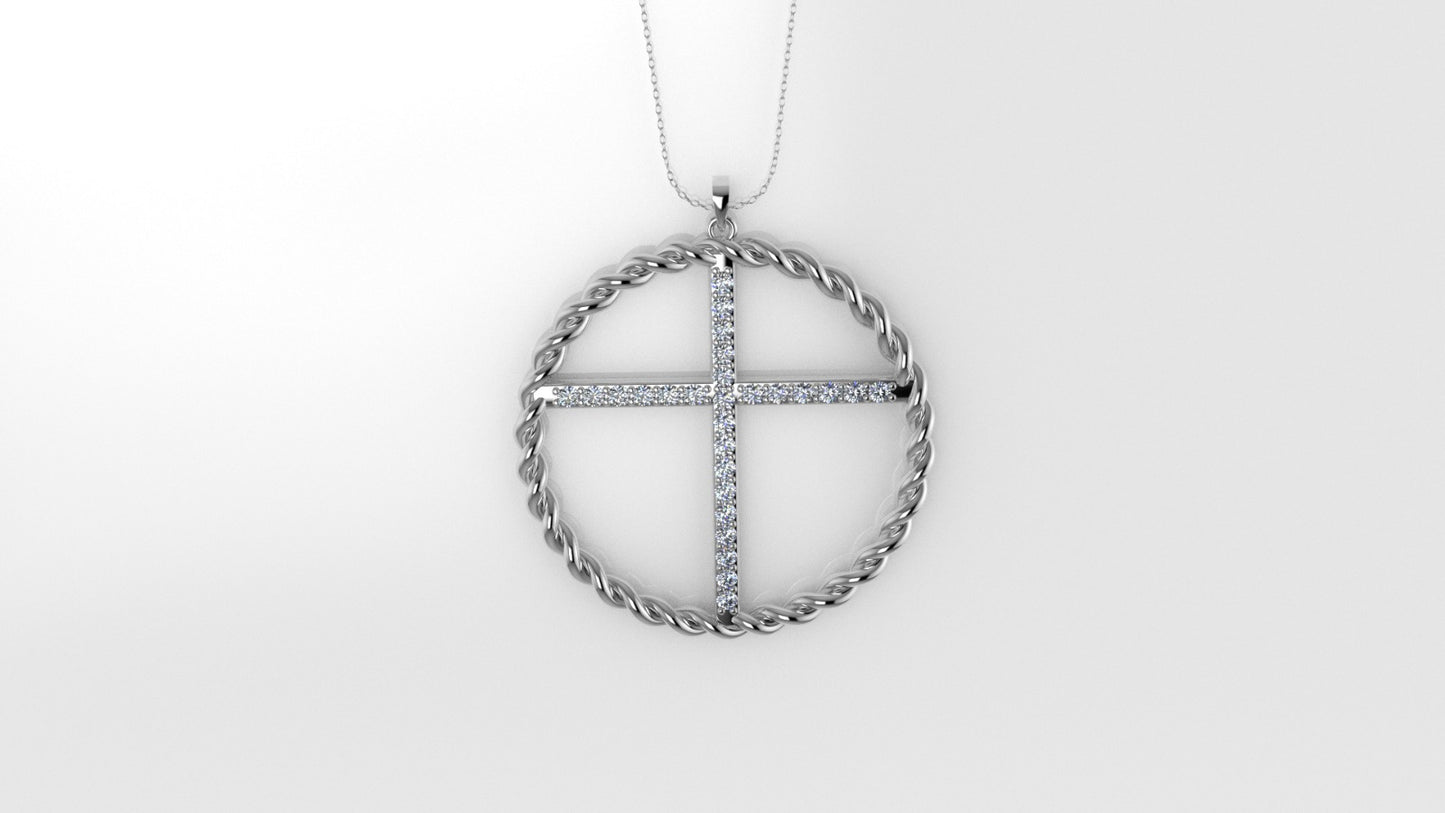 14K Pendant with 27 Diamond VS1, "Cross with twisted circle", Only Pendant