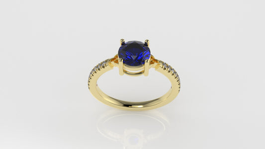 14K solitaire engagement Ring with 1 BLUE SAPPHIRE 6.5mm and 16 DIAMONDS 1.2mm VS1 each, stt prong, cut split