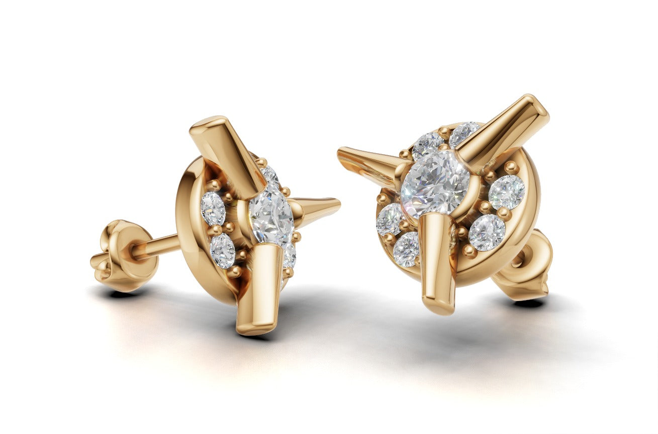 14k Gold Earrings Circle with 14 Diamonds, "STT: Prong and Bezel", Push Back