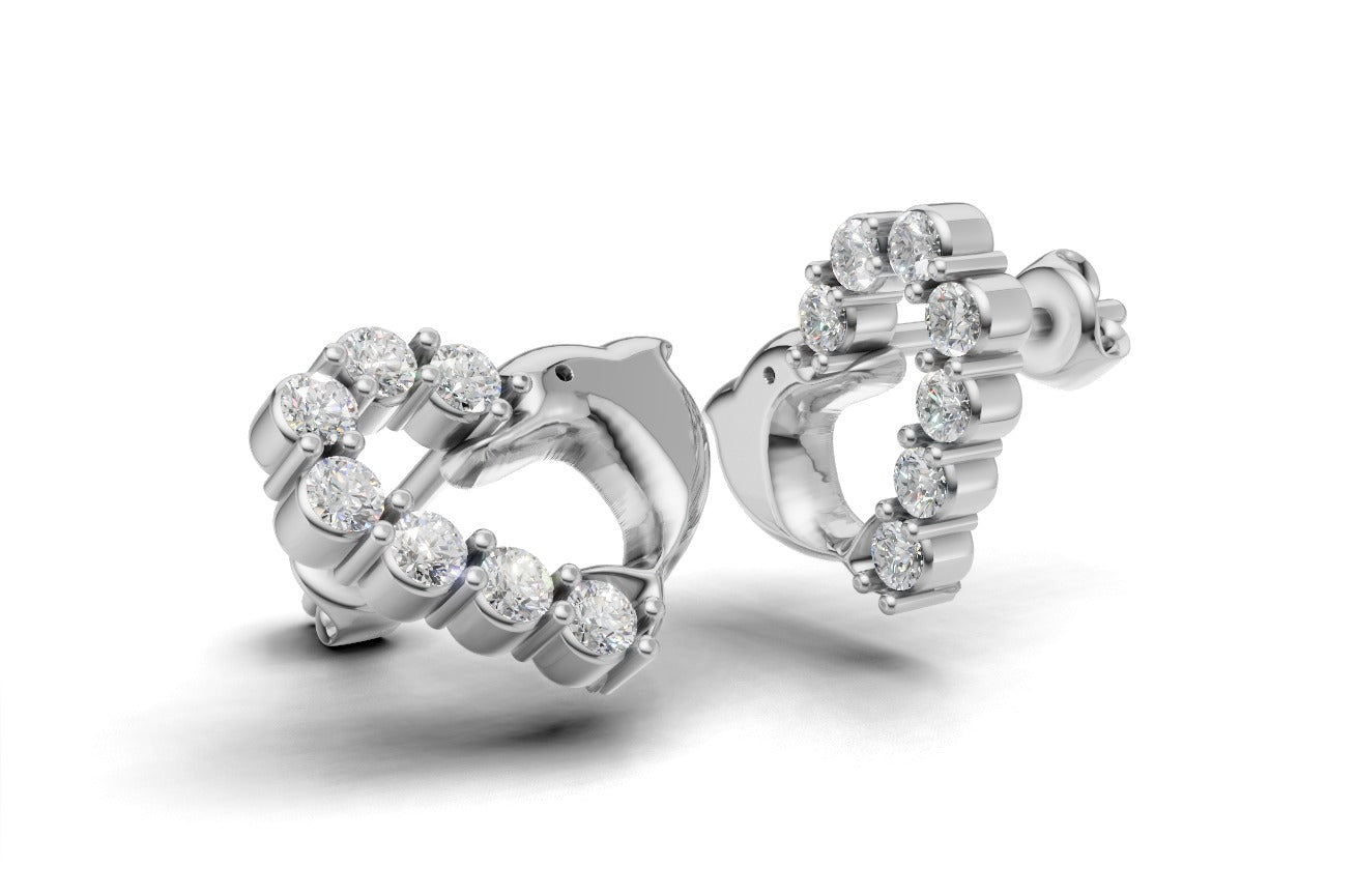 14K Gold Earrings Dolphin with 14 Diamonds, "STT: Prong", Push Back