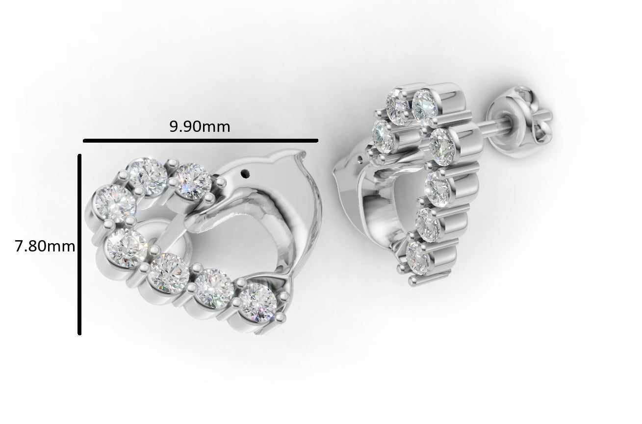 14K Gold Earrings Dolphin with 14 Diamonds, "STT: Prong", Push Back