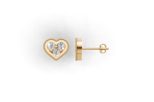 14k Gold Earrings Heart with 6 Diamonds, "STT: 3-Prong and Bezel", Push Back, Filigree