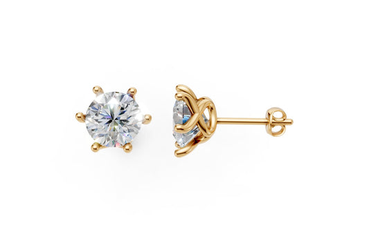 14k Gold Earrings Solitaire with 2 Diamonds, "STT: 6-Prong", Push Back