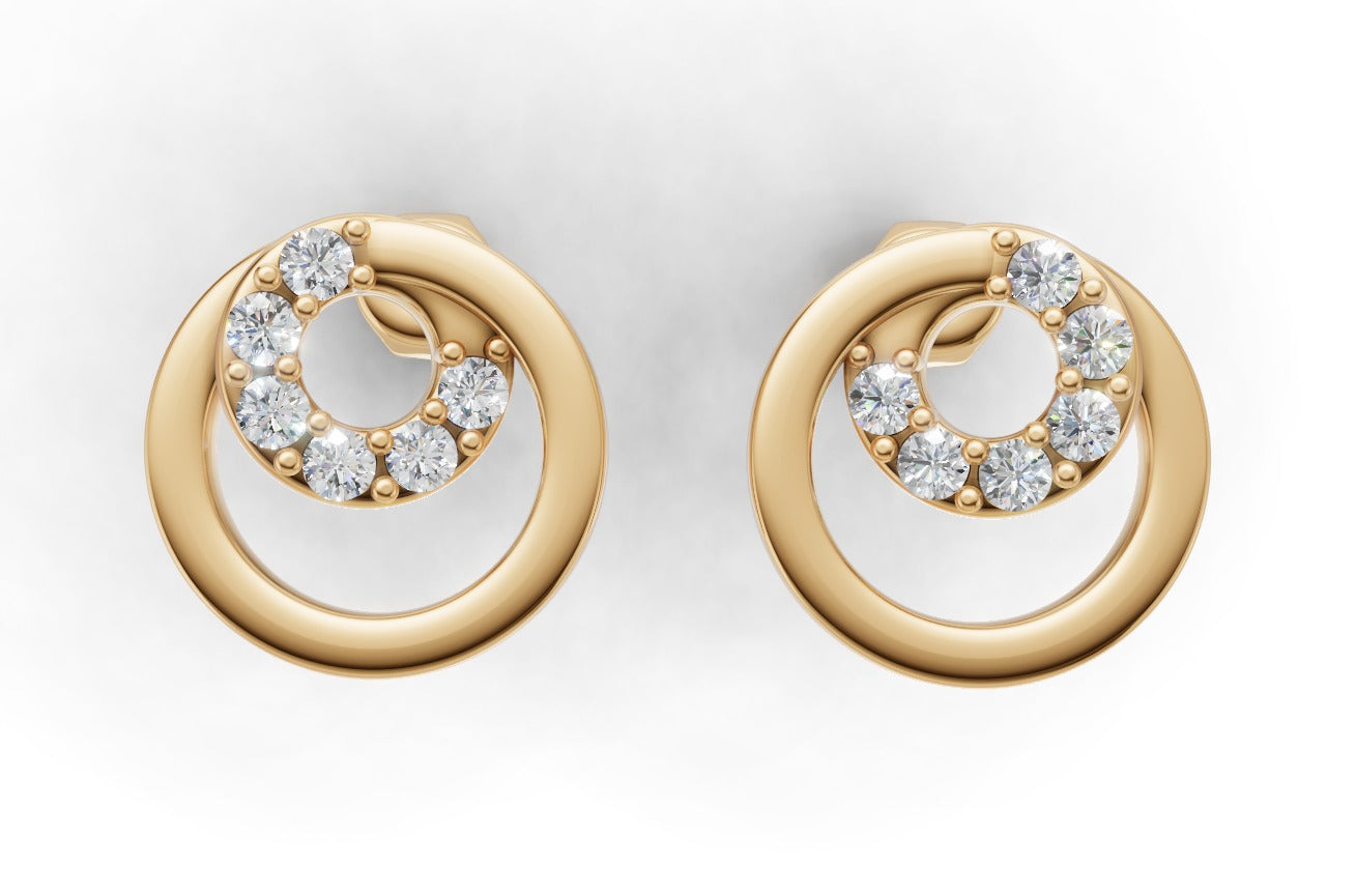 14K Gold Earrings Circle with 12 Diamonds, "STT: Prong", Push Back