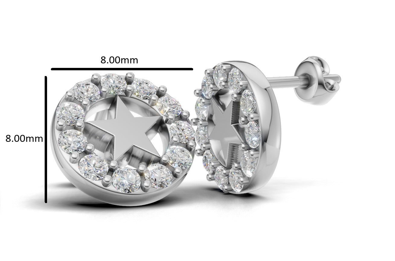 14K Gold Earrings Circle and Star with 22 Diamonds, "STT: Prong", Push Back