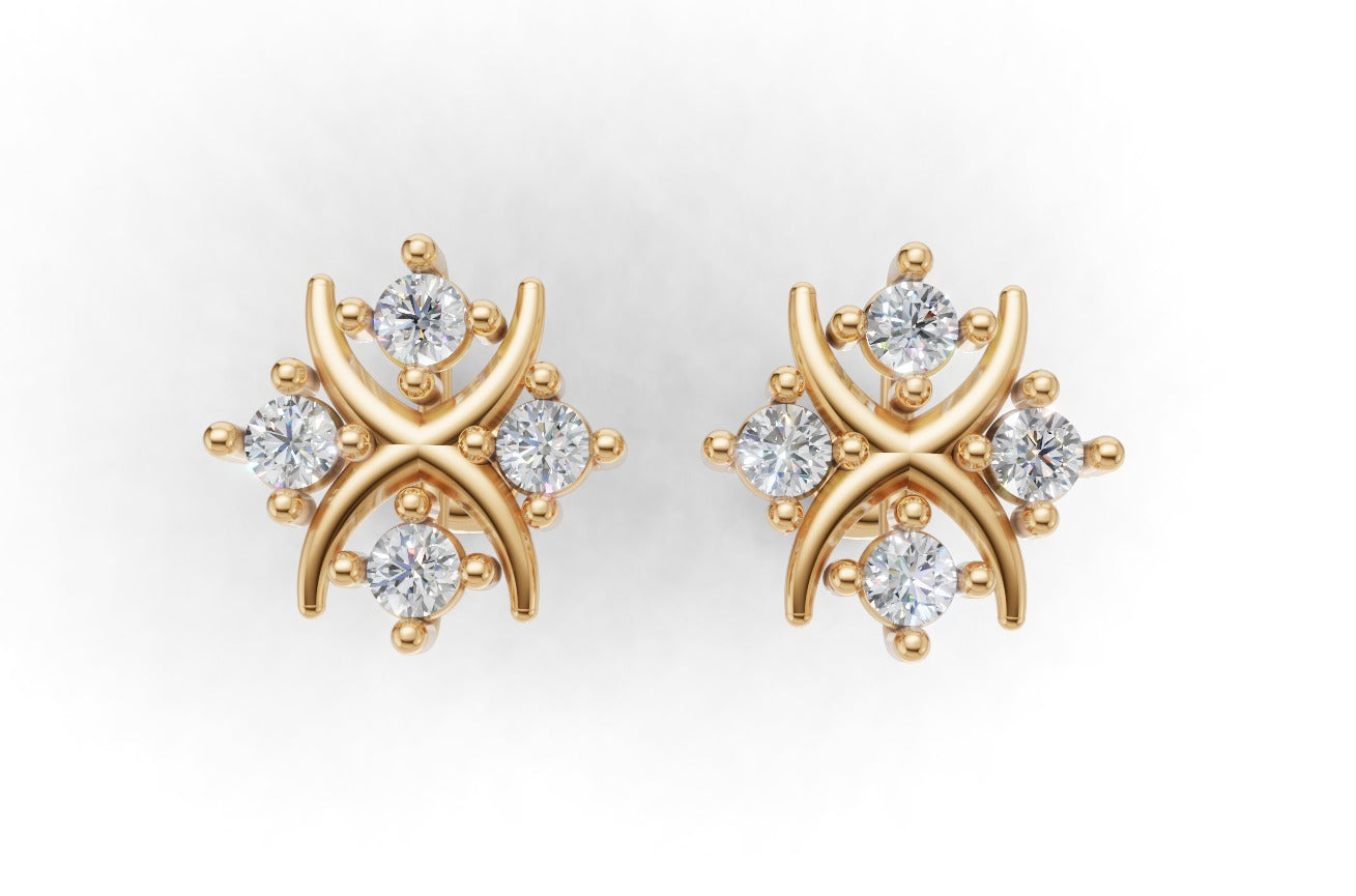 14K Gold Earrings Star with 8 Diamonds, "STT: 4-Prong", Push Back