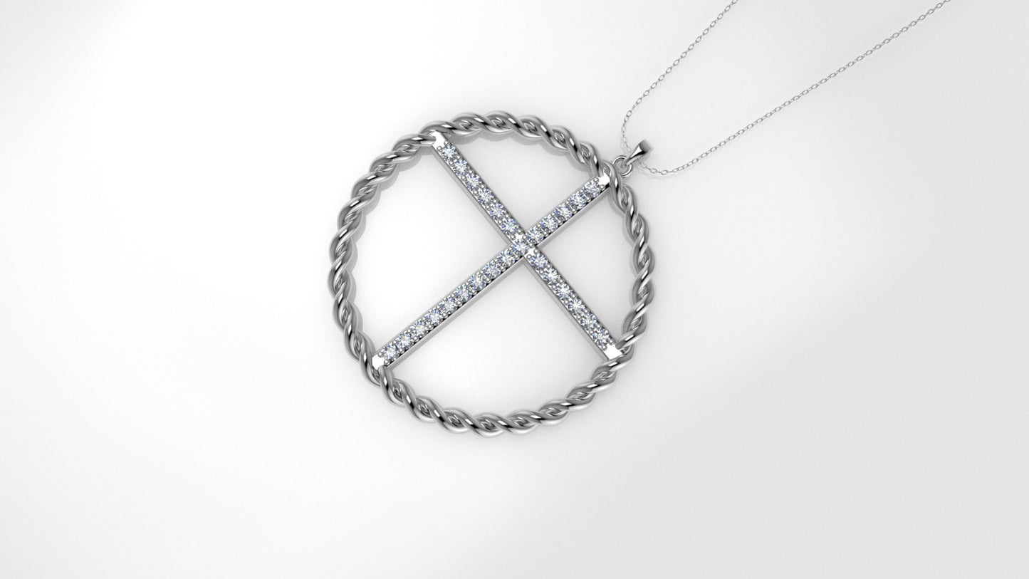 14K Pendant with 27 Diamond VS1, "Cross with twisted circle", Only Pendant