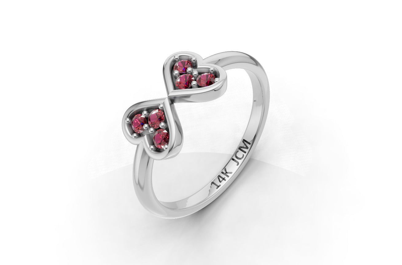 14K Gold Ring Hearts with 6 Ruby, STT: Prong