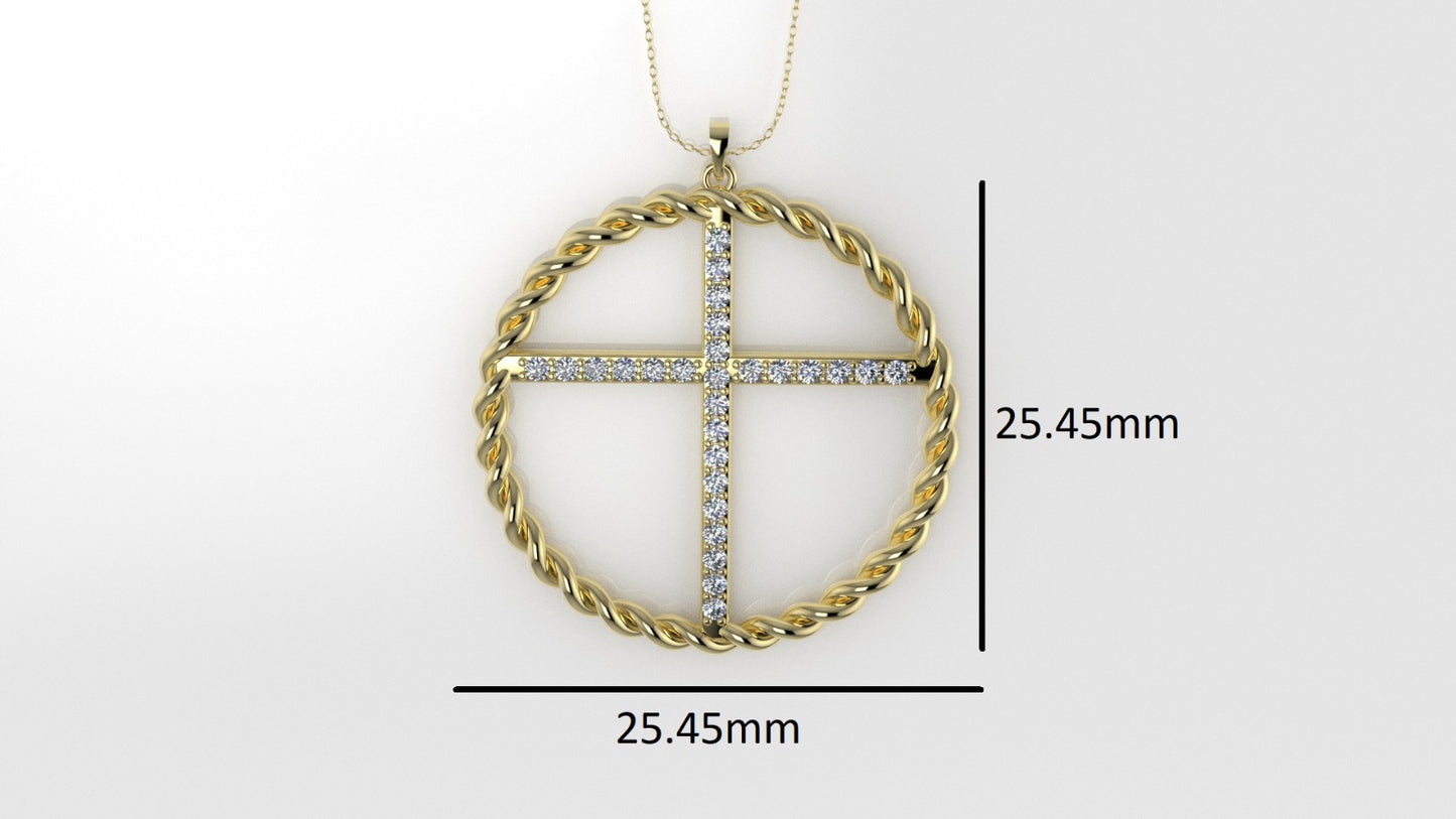 14K Pendant with 27 Diamond VS1, "Cross with twisted circle", Only Pendant