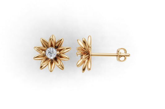 14k Gold Earrings Sun with 2 Diamonds, "STT: 2-Prong", Push Back