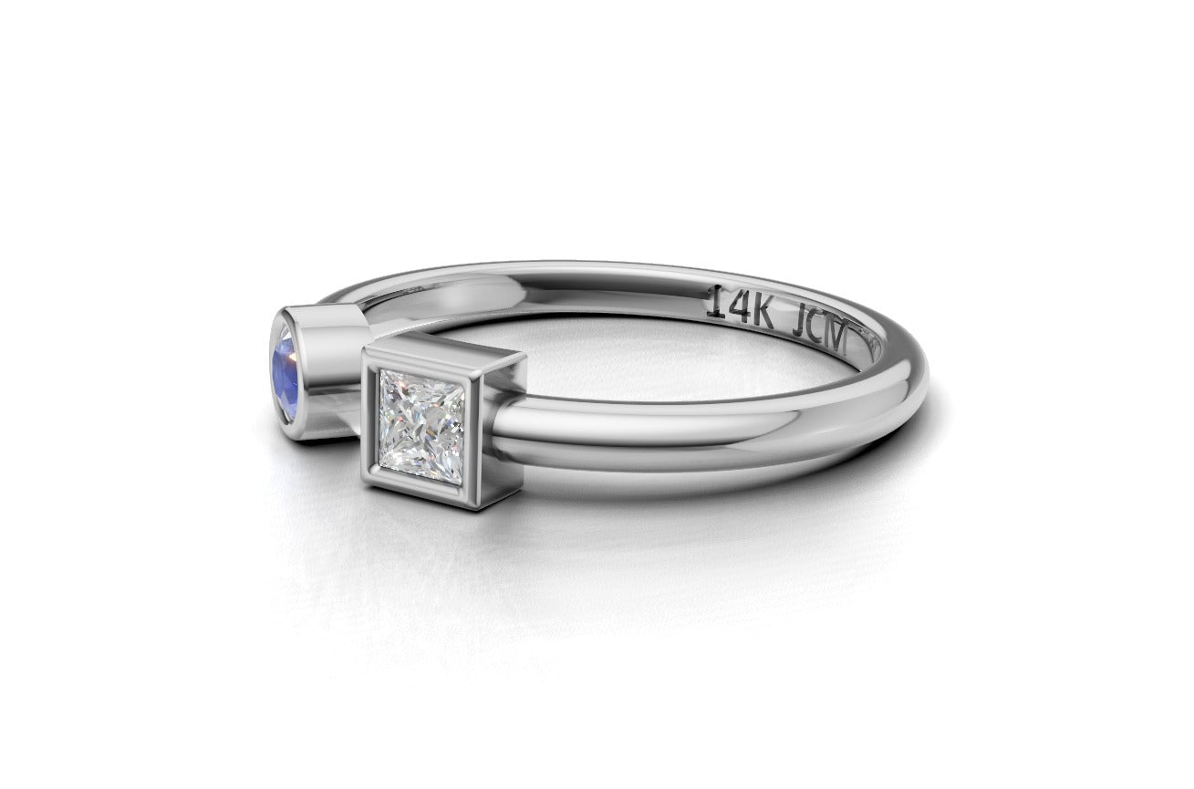 14K Gold Ring with 1 Sapphire and 1 Diamond, STT: Bezel