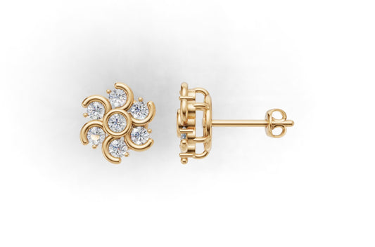 14k Gold Earrings with 14 Diamonds, "STT: 1-Prong and Bezel", Push Back