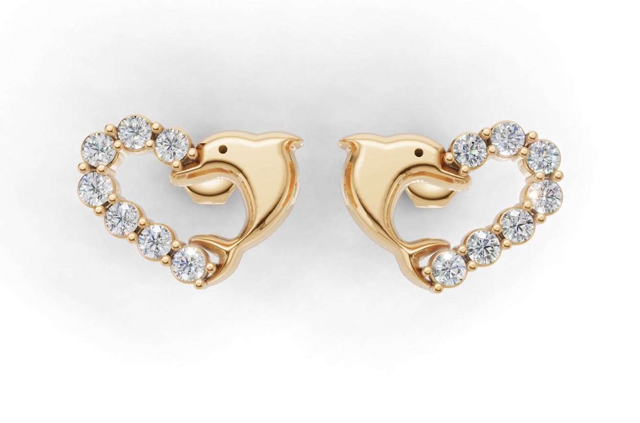 14K Gold Earrings Dolphin with 14 Diamonds, "STT: Prong", Push Back