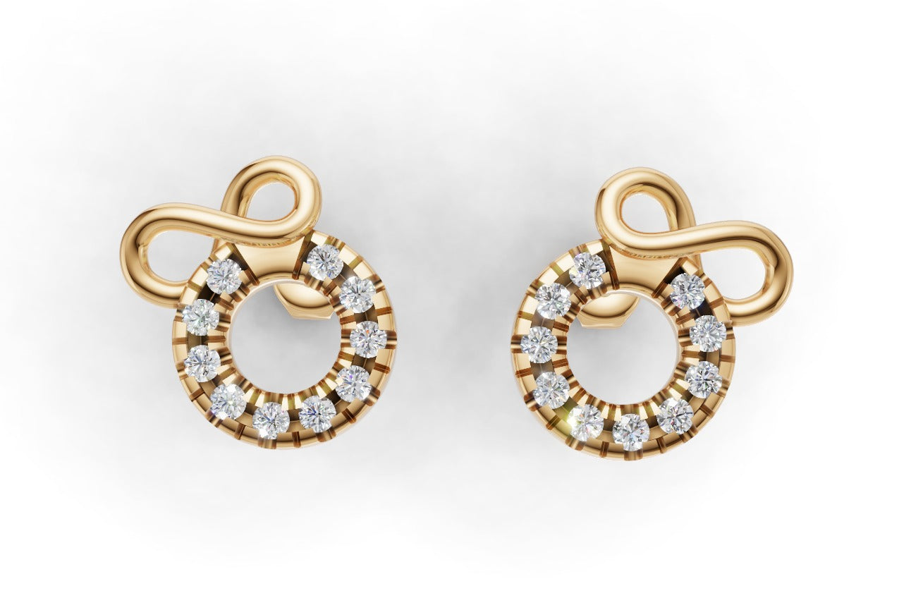 14K Gold Earrings Circle and Infinity with 20 Diamonds, "STT: Cut Split", Push Back