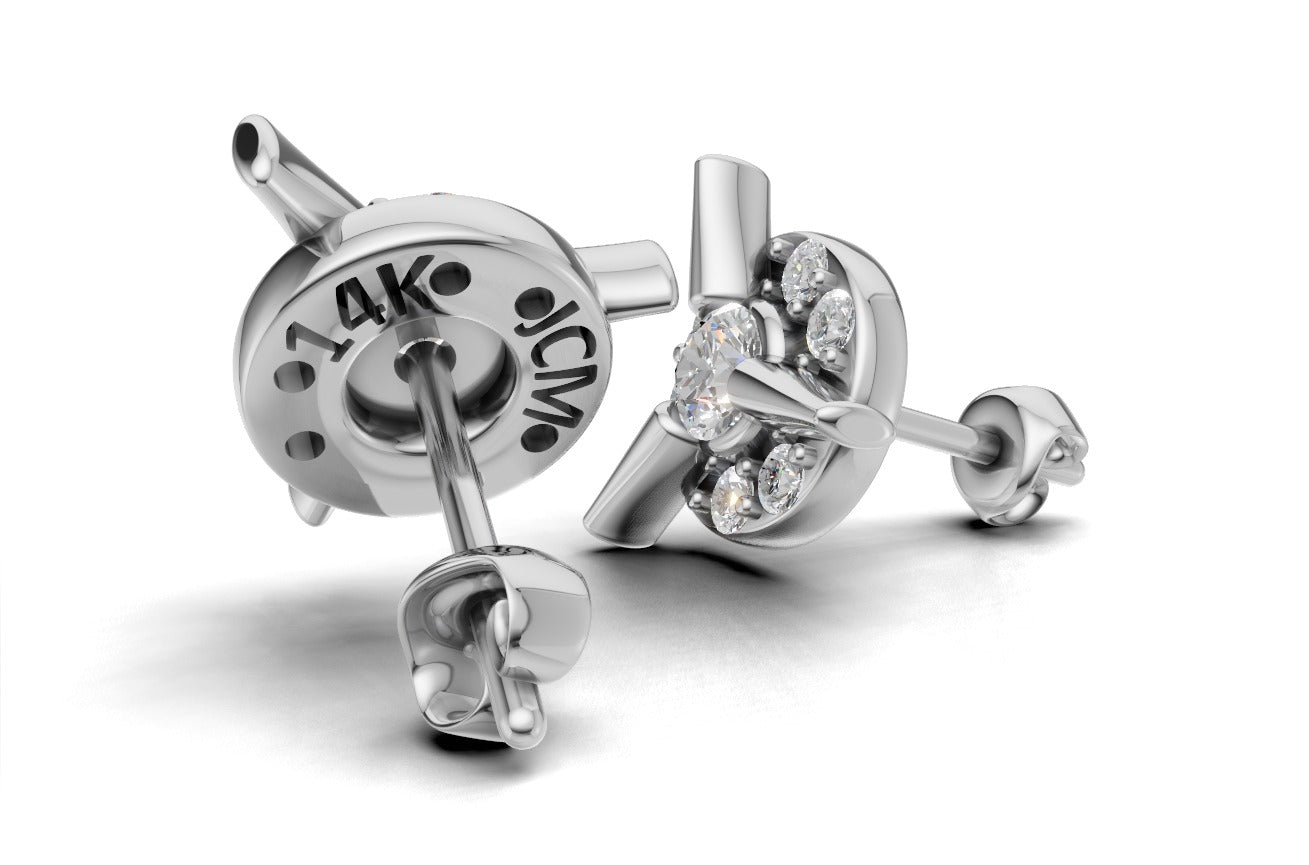 14k Gold Earrings Circle with 14 Diamonds, "STT: Prong and Bezel", Push Back