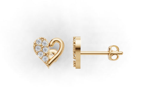 14k Gold Earrings Hearts with 12 Diamonds, "STT: Prong", Push Back