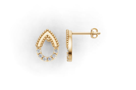 14K Gold Pear Earrings with 12 Diamonds, FILIGREE, "STT: Prong", Push Back