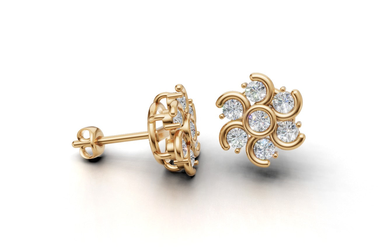 14k Gold Earrings with 14 Diamonds, "STT: 1-Prong and Bezel", Push Back