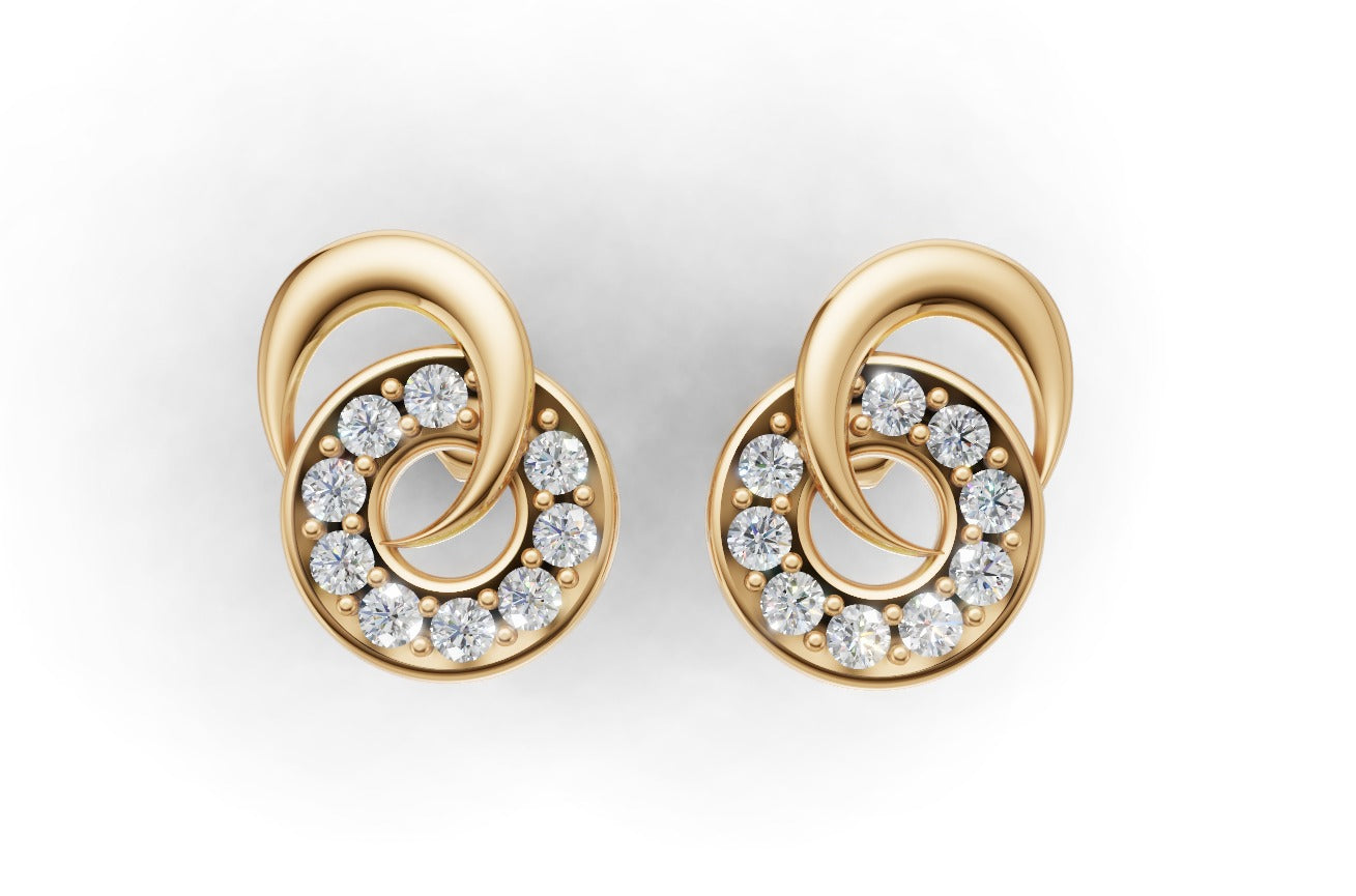 14K Gold Earring Circle and Moon with 18 Diamonds, "STT: Prong", Push Back, Cut Chanel