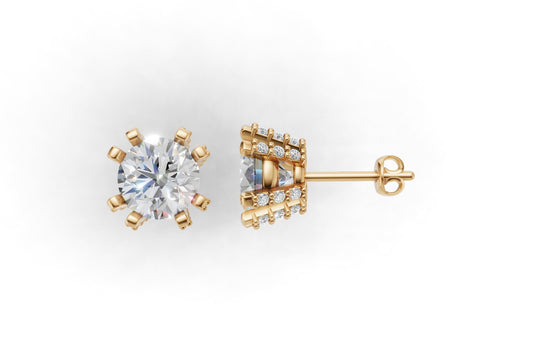 14k Gold Earrings Solitaire with 50 Diamonds, "STT: 8-Prong", Push Back