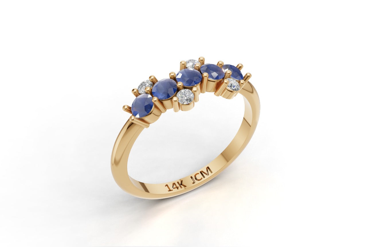 14K Gold Ring with 5 Sapphire and 4 Diamonds, STT: Prong