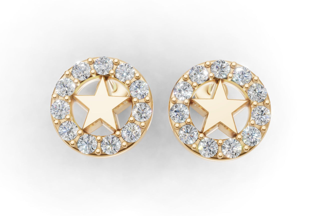 14K Gold Earrings Circle and Star with 22 Diamonds, "STT: Prong", Push Back