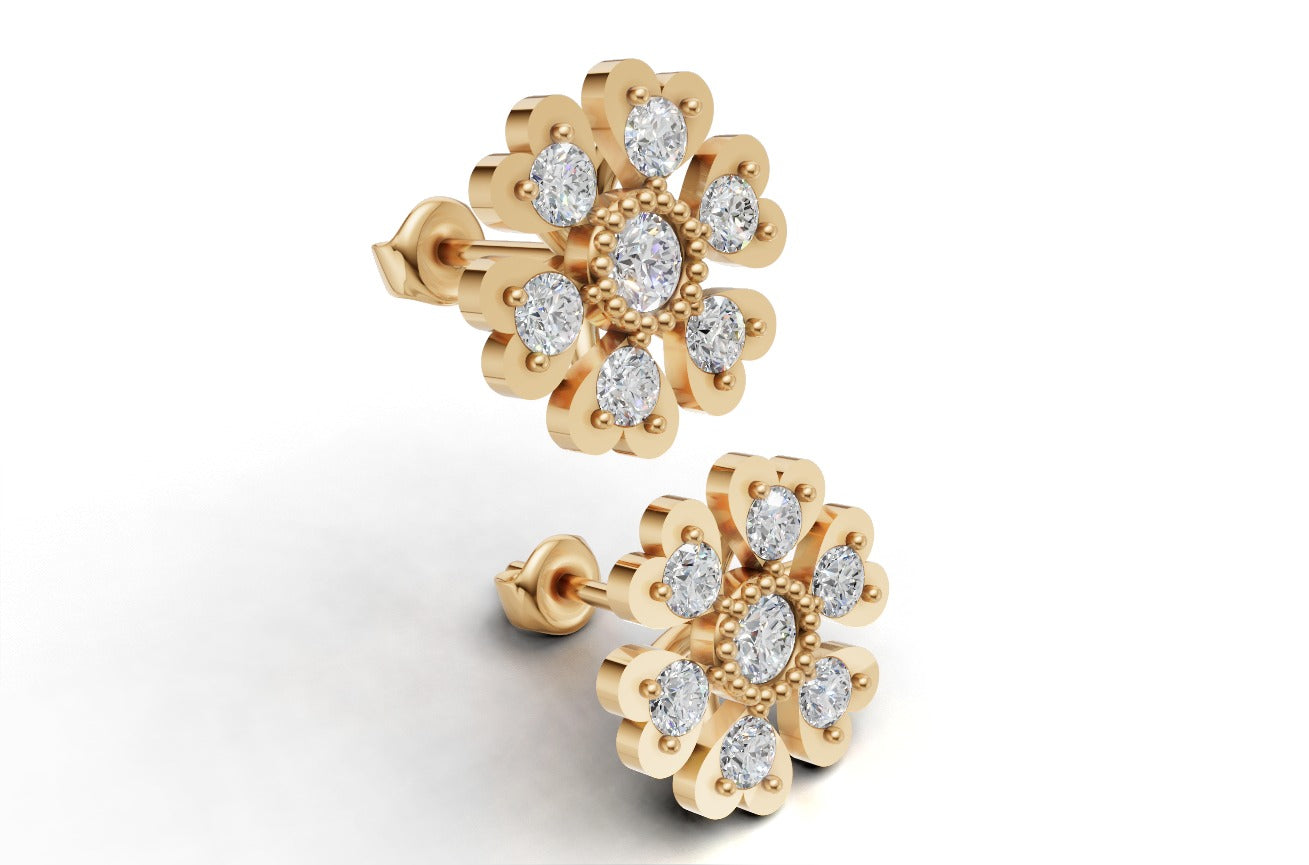 14K Gold Earrings with 14 Diamonds, "STT: 3-Prong and Bezel", Push Back, Filigree