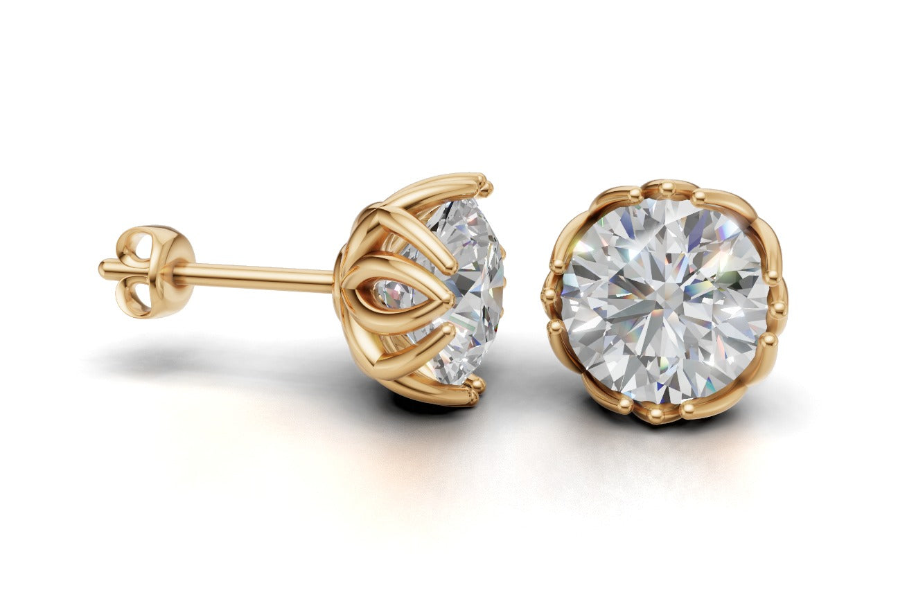 14K Gold Earrings Solitaire with 2 Diamonds, "STT: Prong", Push Back