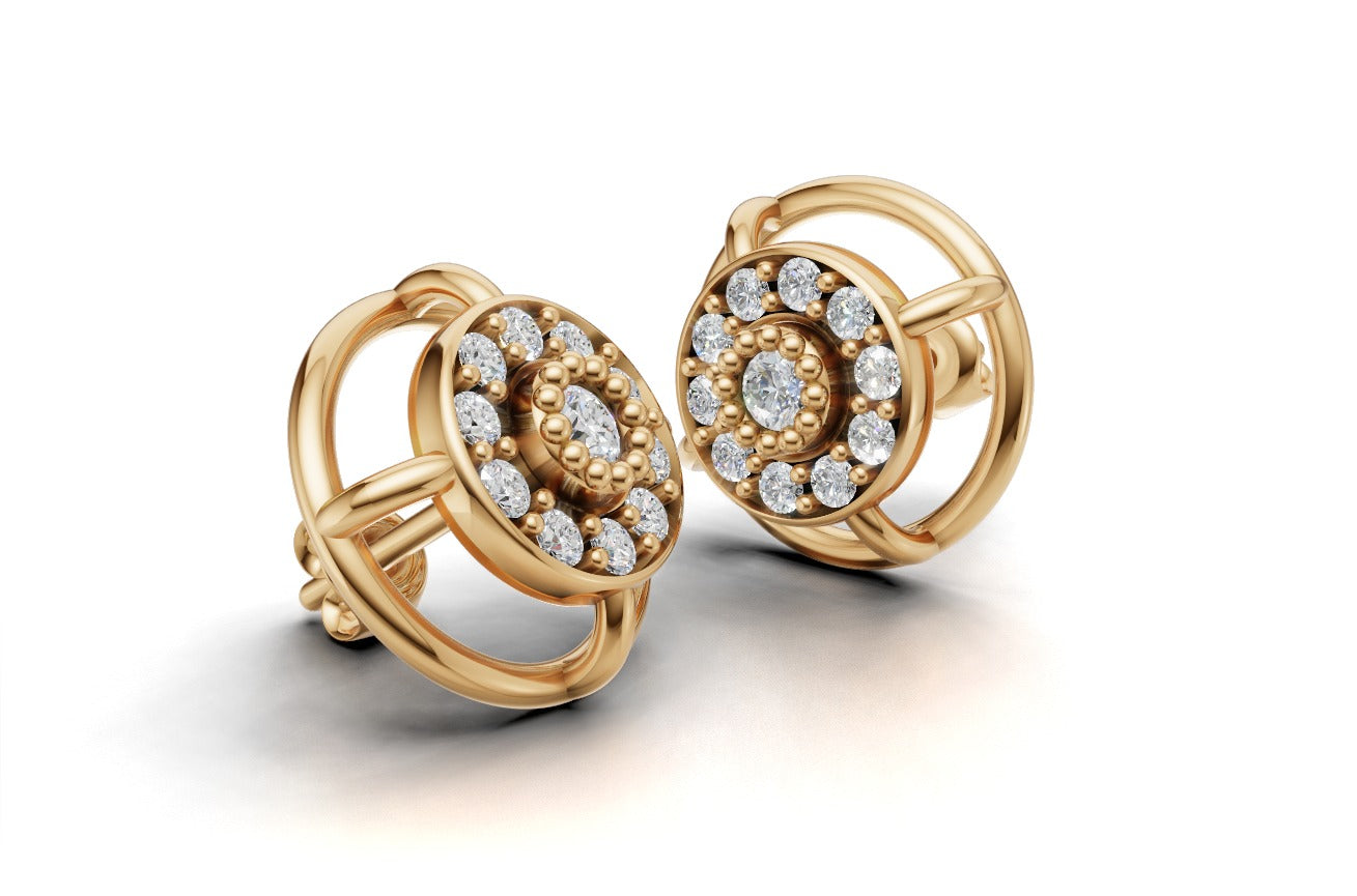 14K Gold Earrings Circle with 22 Diamonds, "STT: Prong and Bezel", Push Back, Filigree