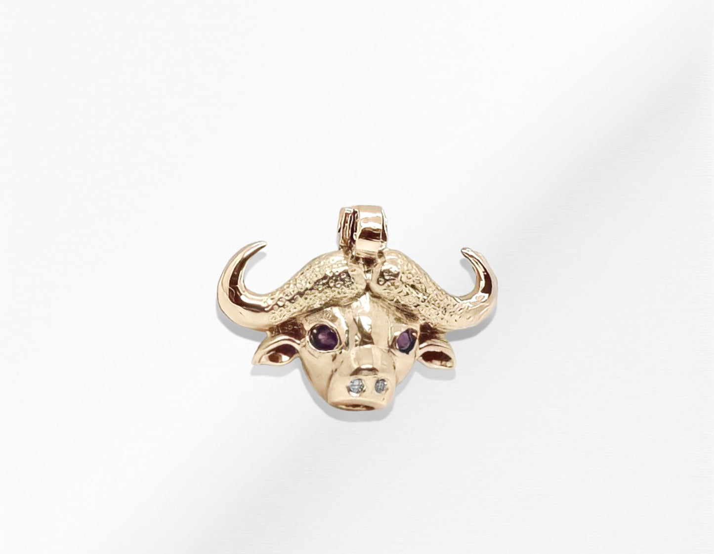 14K Gold Bull Pendant with Natural Ruby and Diamonds