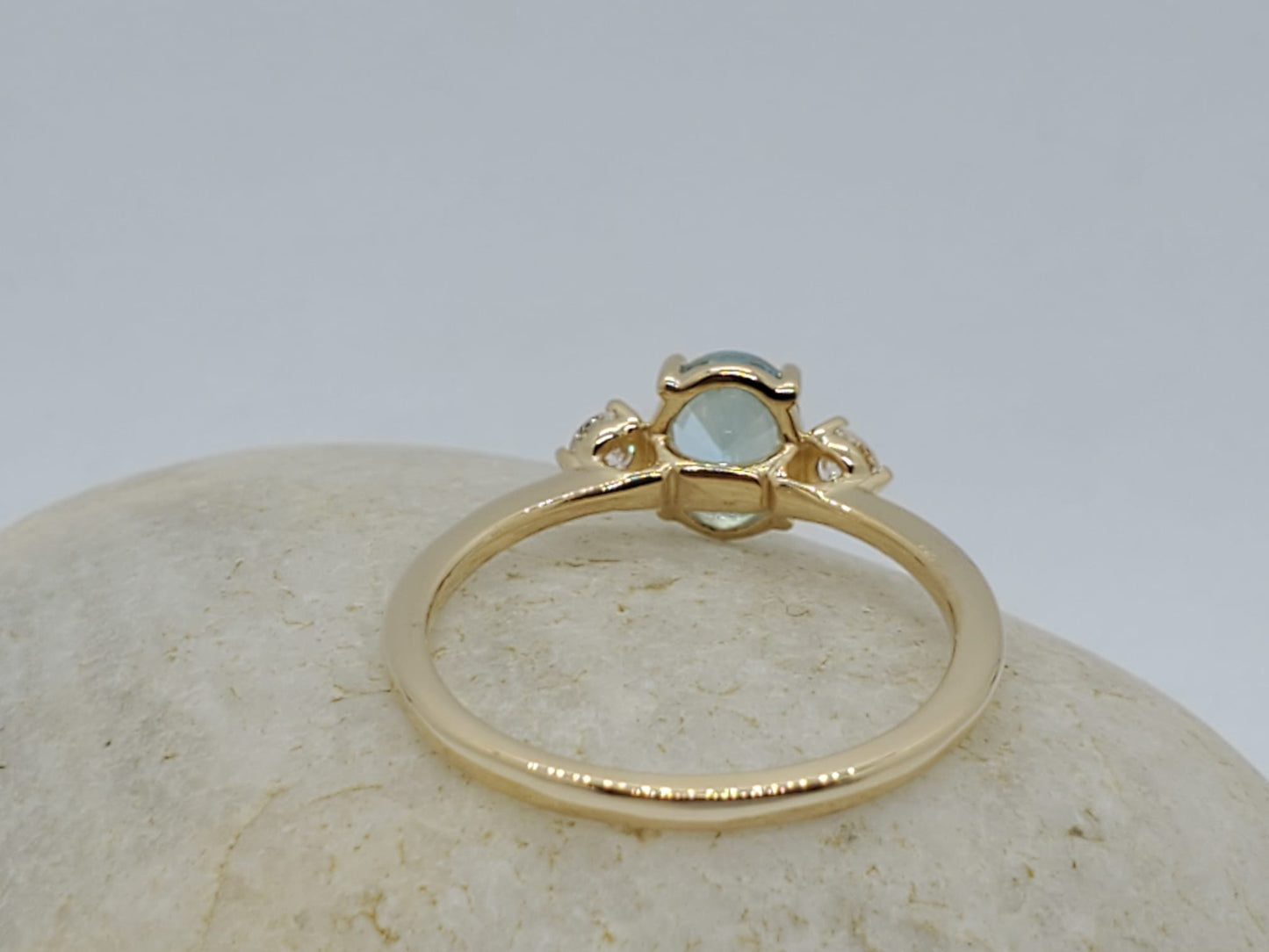 14K Yellow Gold Band Ring with Aquamarine and 2 Diamonds, Stone Mounted 4 Pron