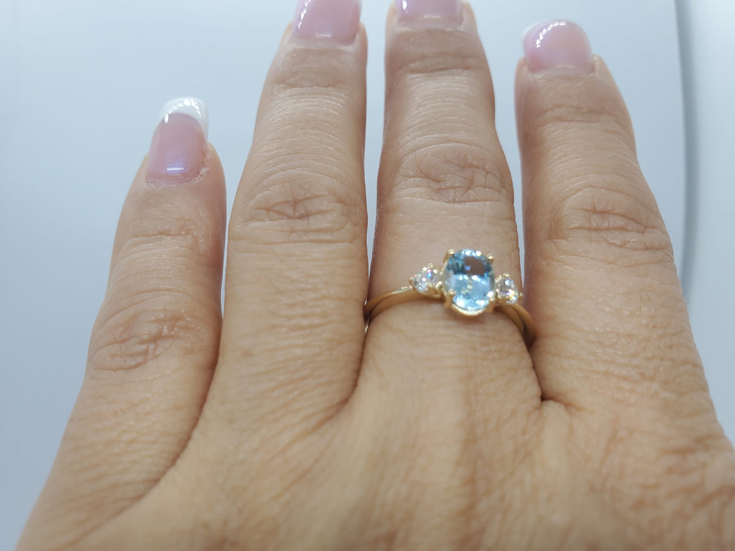14K Yellow Gold Band Ring with Aquamarine and 2 Diamonds, Stone Mounted 4 Pron